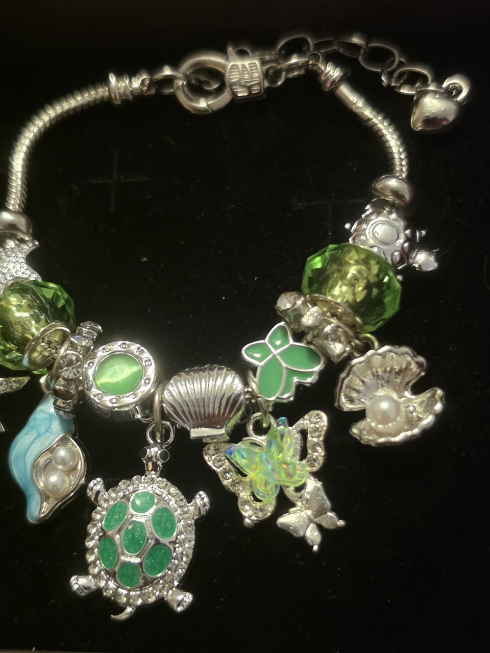 Green Charm Bracelet for Women - Silver Sea Life Charms